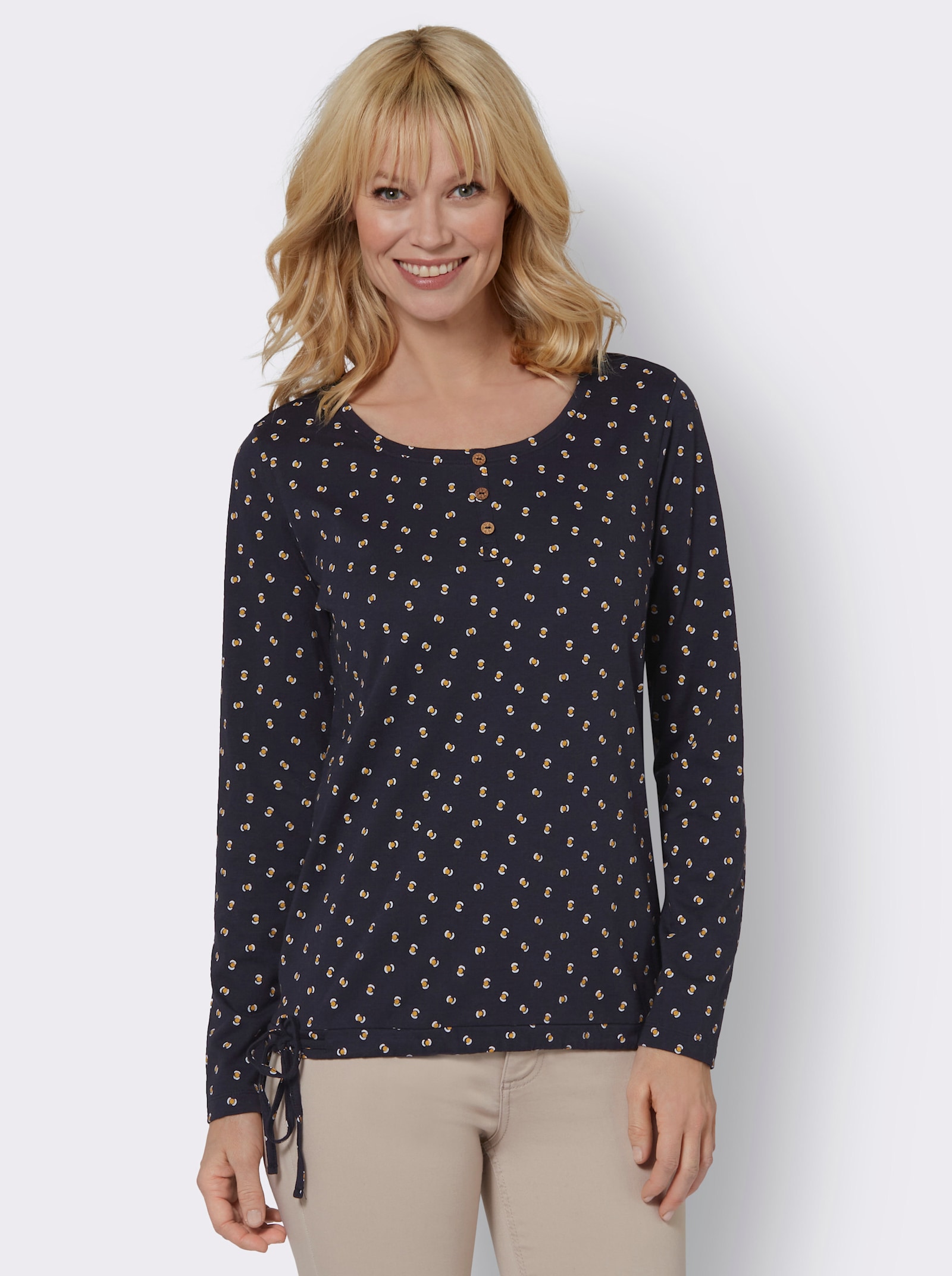 Langarmshirt mit Bindeband - marine-ocker-bedruckt