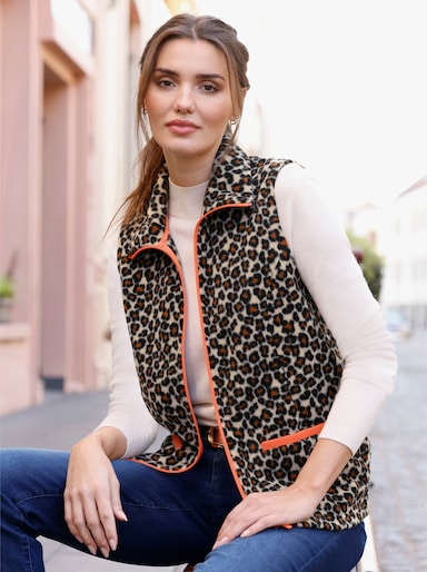 Fleeceweste mit Leo-Muster - beige-schwarz-bedruckt