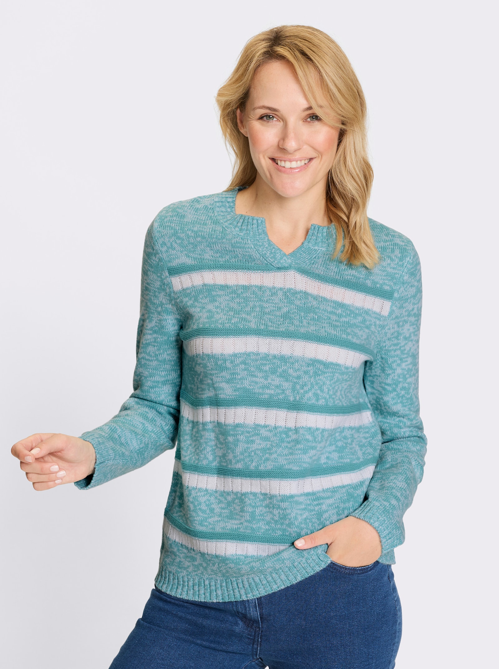 Svetr s dlouhým rukávem a proužkovaným vzorem - mořská-bílá-vzor