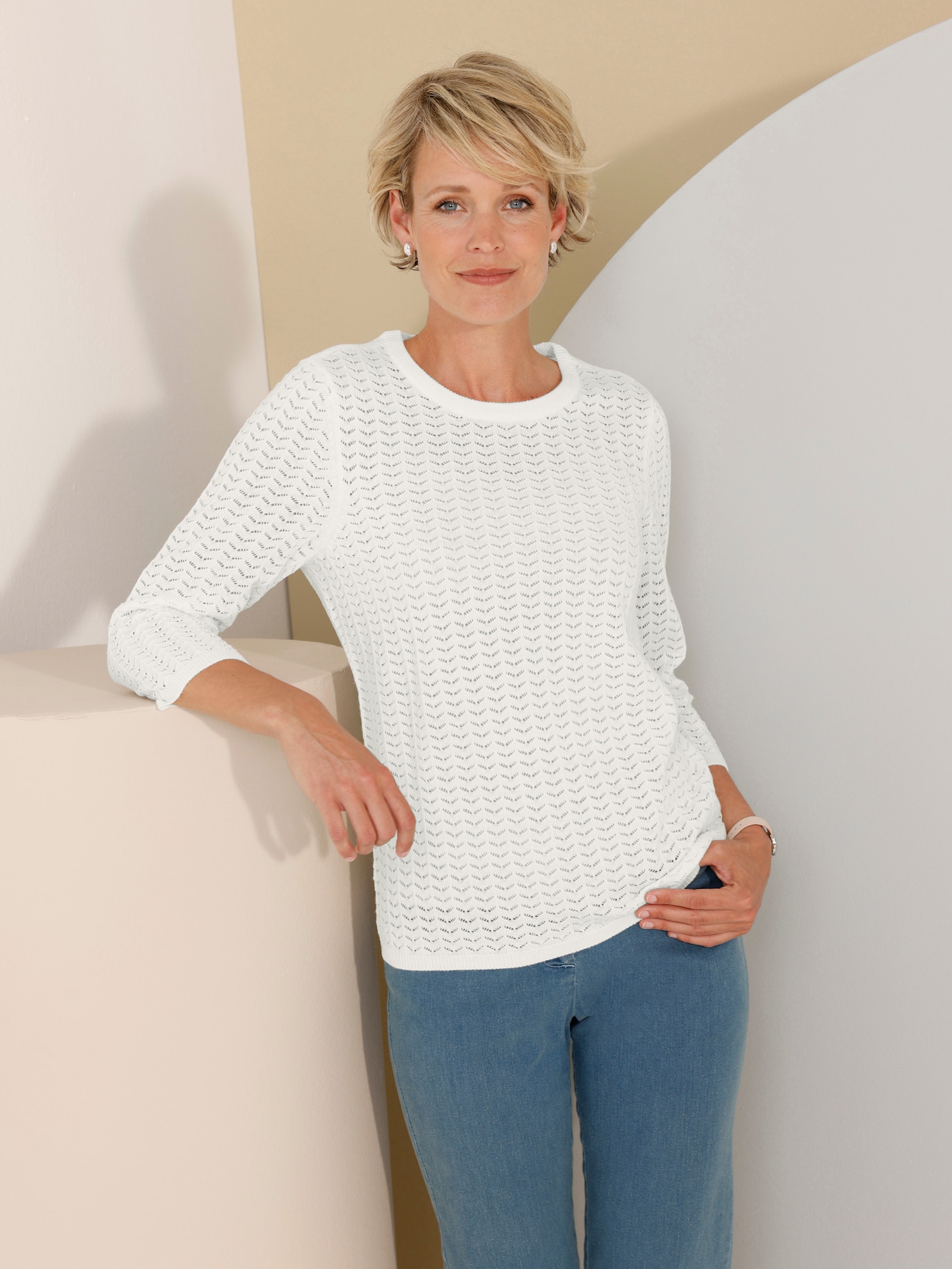 Pullover met 3/4-mouwen en ajourpatroon - ecru