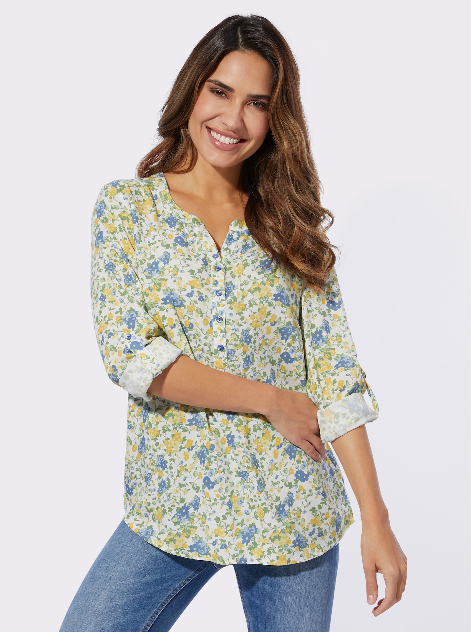 Navliek. blúzka, vyhrn. rukávy - Svetlobéžovo-eukalyptová potlač