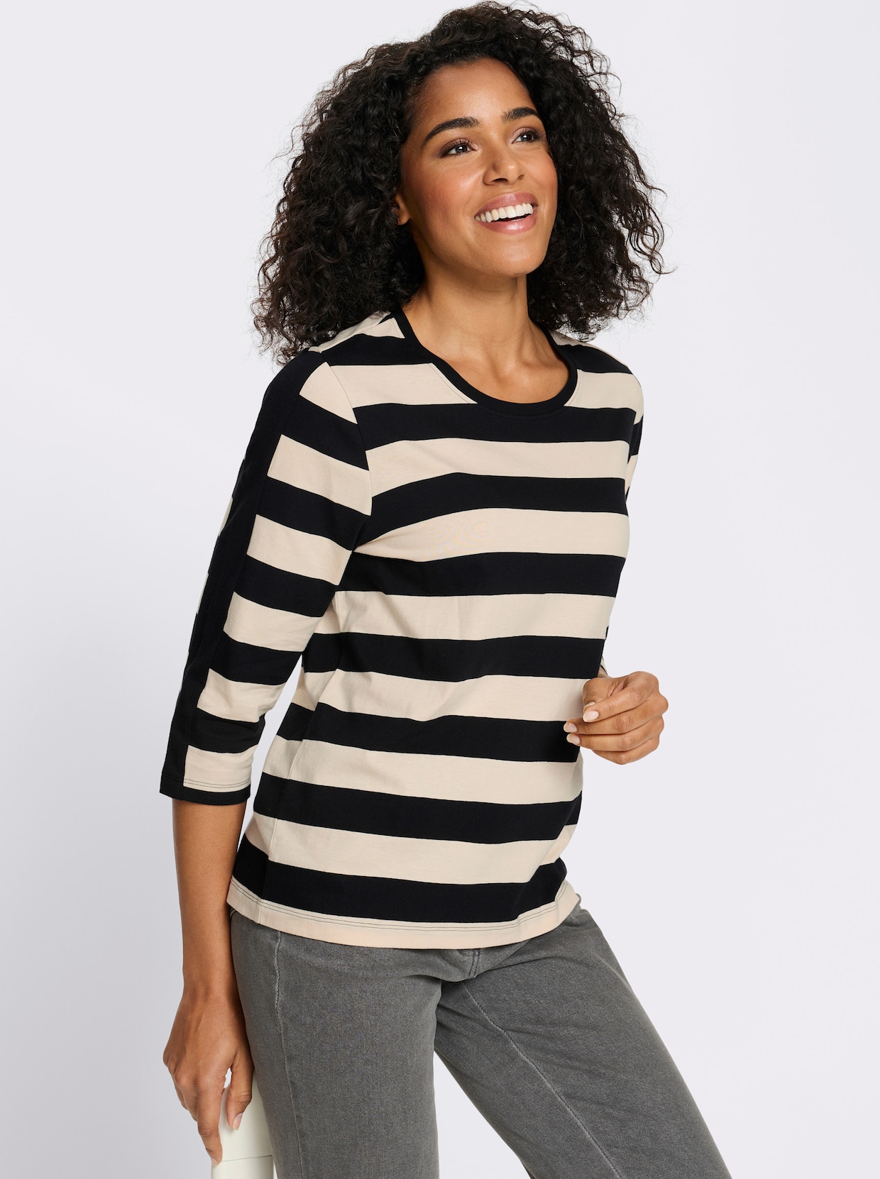 3/4-Arm-Shirt mit garngefärbten Streifen - schwarz-elfenbein-gestreift
