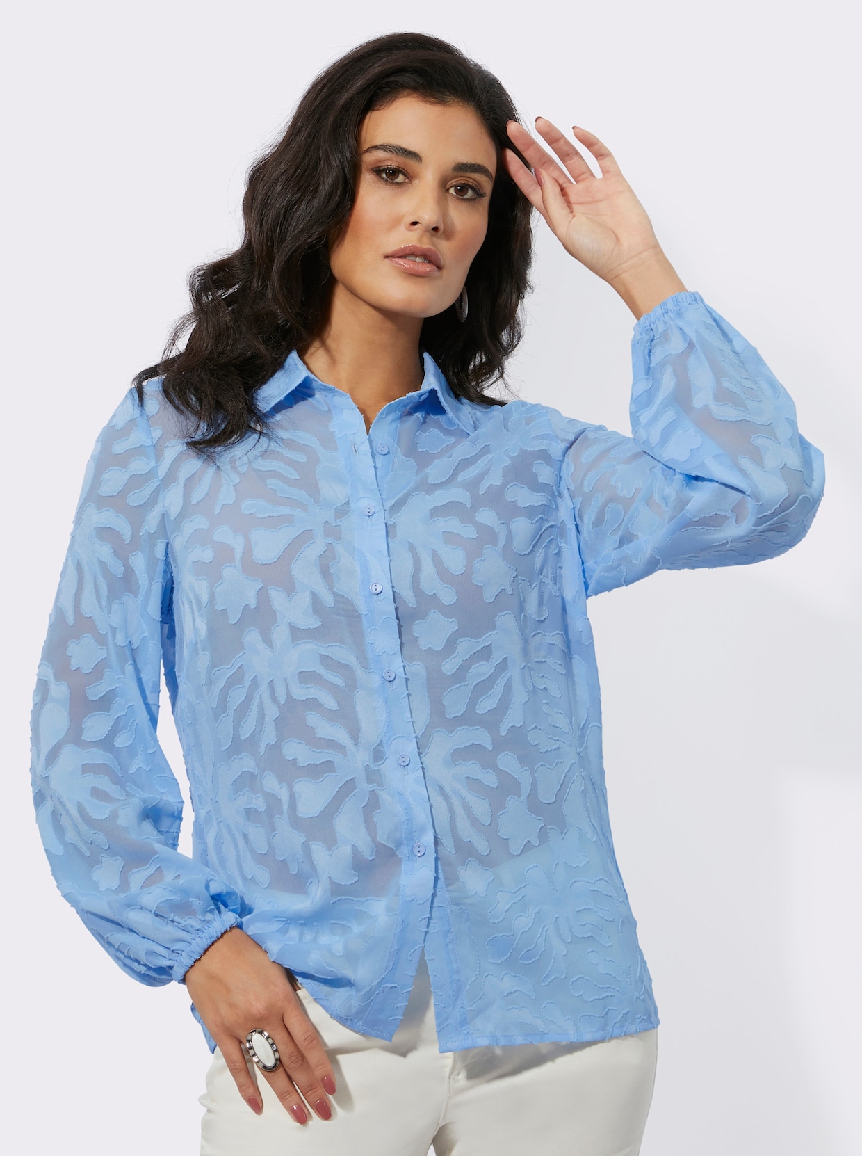 Blouse met lange mouwen - ijsblauw gedessineerd