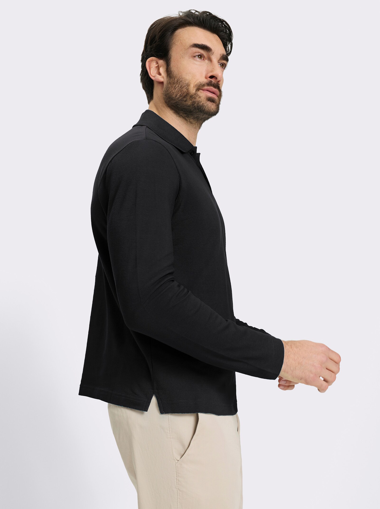 Catamaran Langarm-Poloshirt mit Flachstrick-Kragen - schwarz