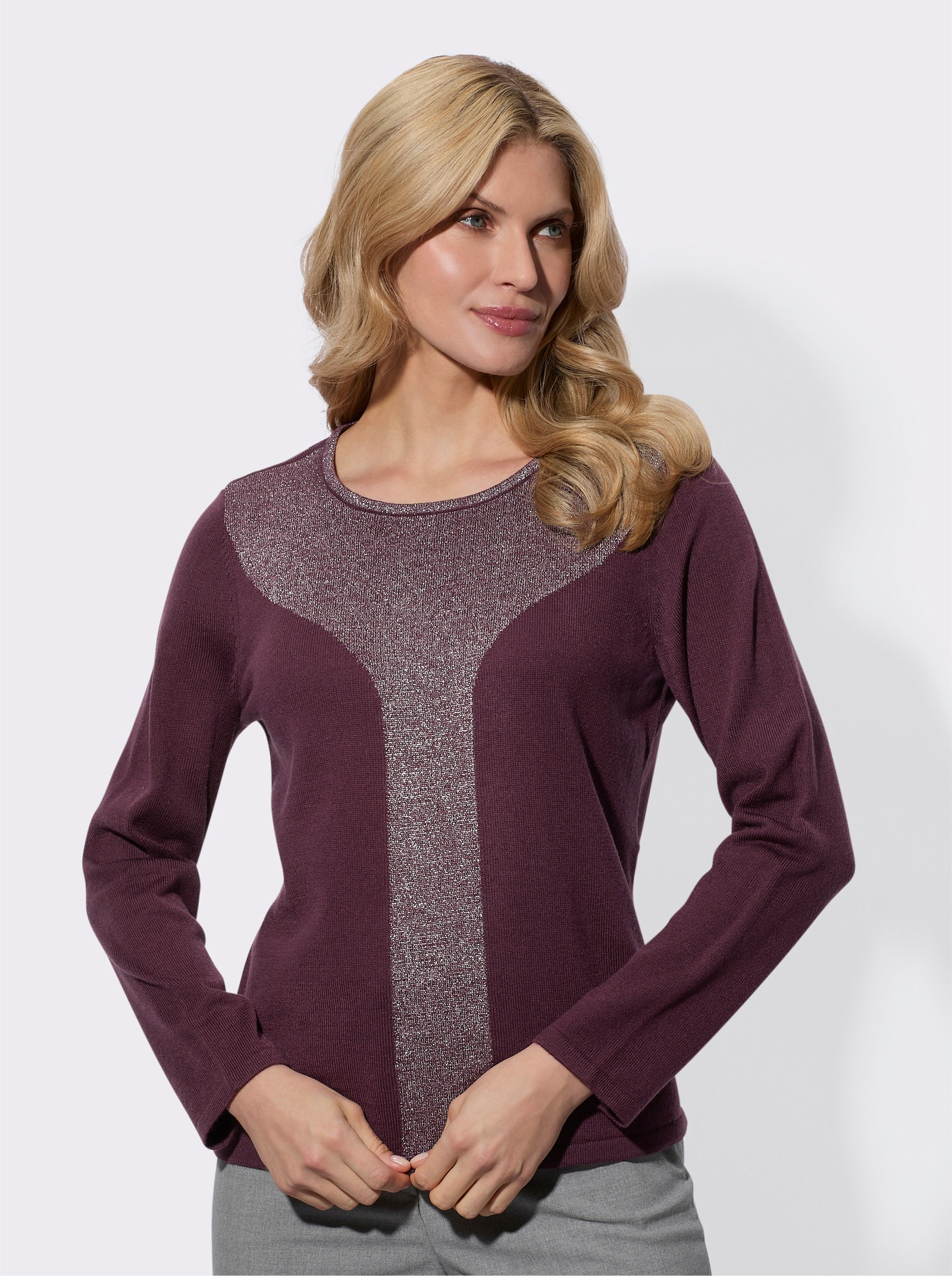 Langarm-Pullover mit Glitzergarn im Vorderteil - burgund