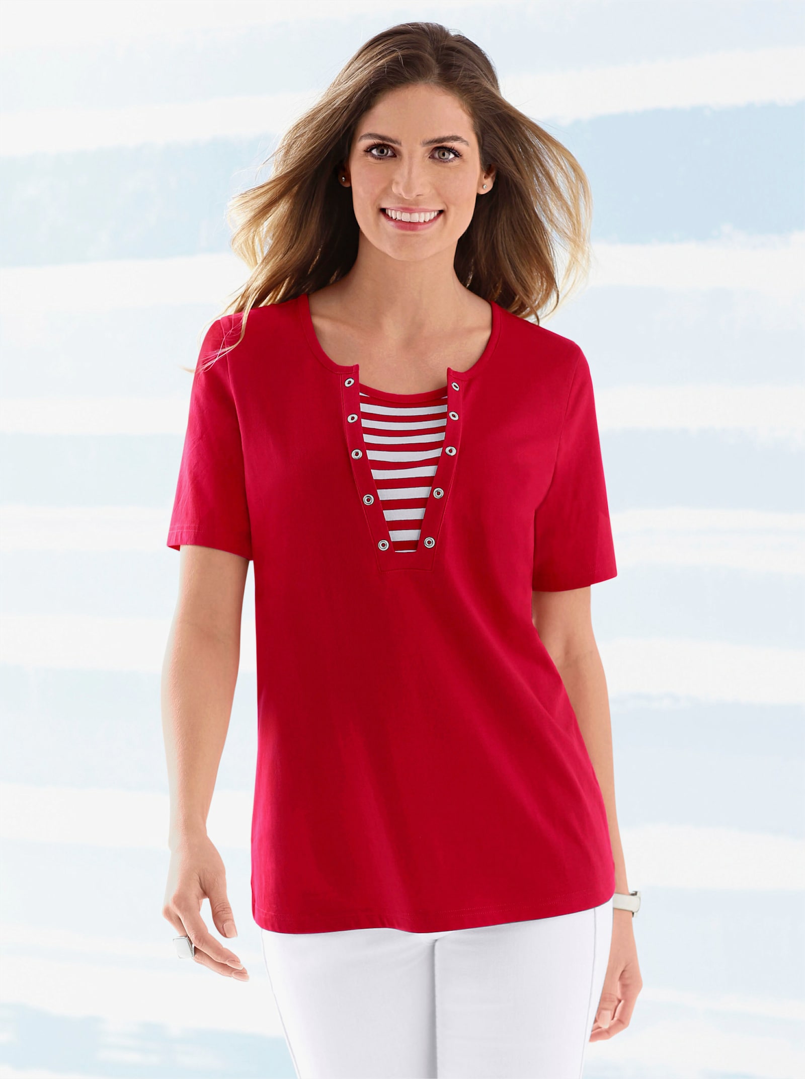 Kurzarmshirt mit Streifen-Einsatz - rot