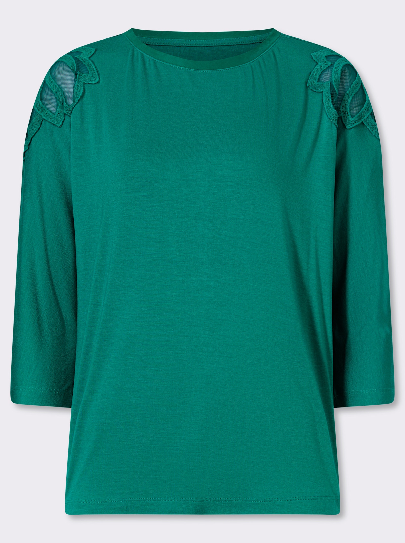 3/4-Arm-Shirt mit Spitzeneinsatz an der Schulter - smaragd