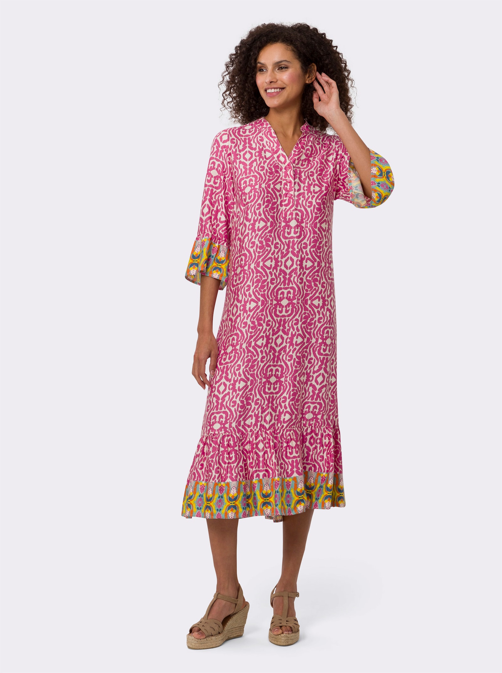 heine Jurk met print en volants - fuchsia/ivoor bedrukt