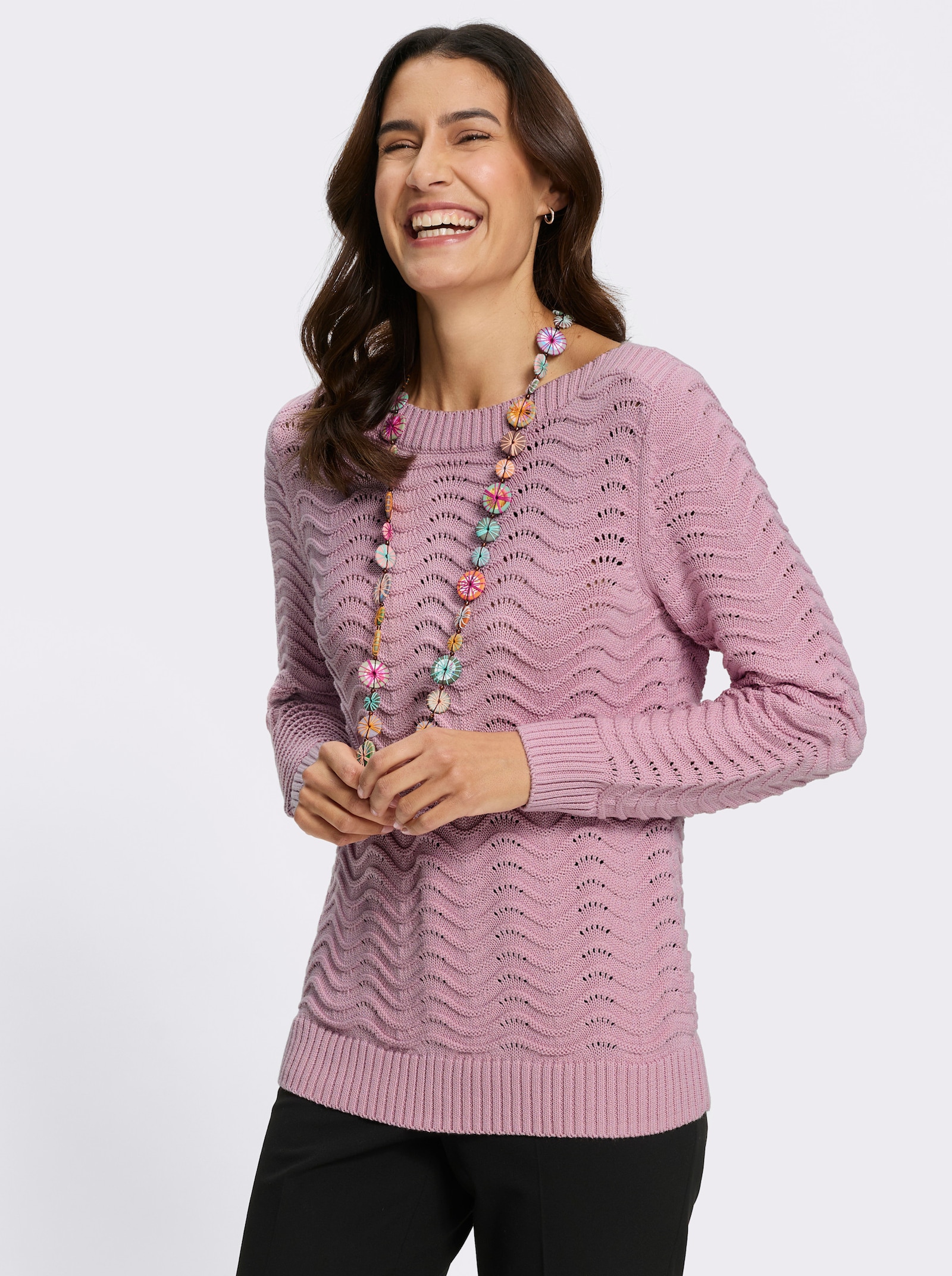Pullover mit wellenförmigem Ajour-Strickmuster - rosé