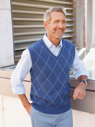 Marco Donati Pullunder mit Rauten-Jacquard - jeansblau-ecru-gemustert