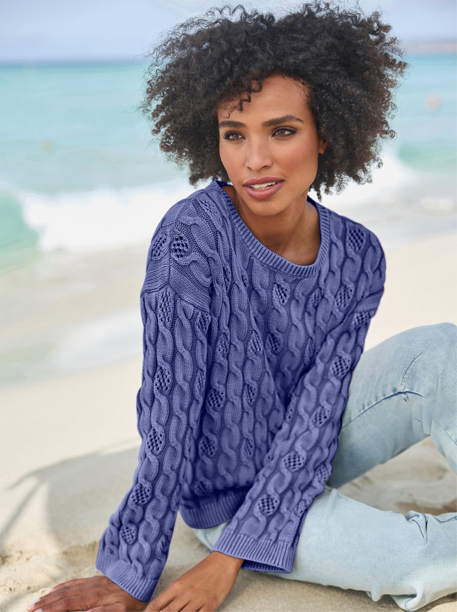 heine Pull à encolure ronde avec motif torsadé - bleu jean