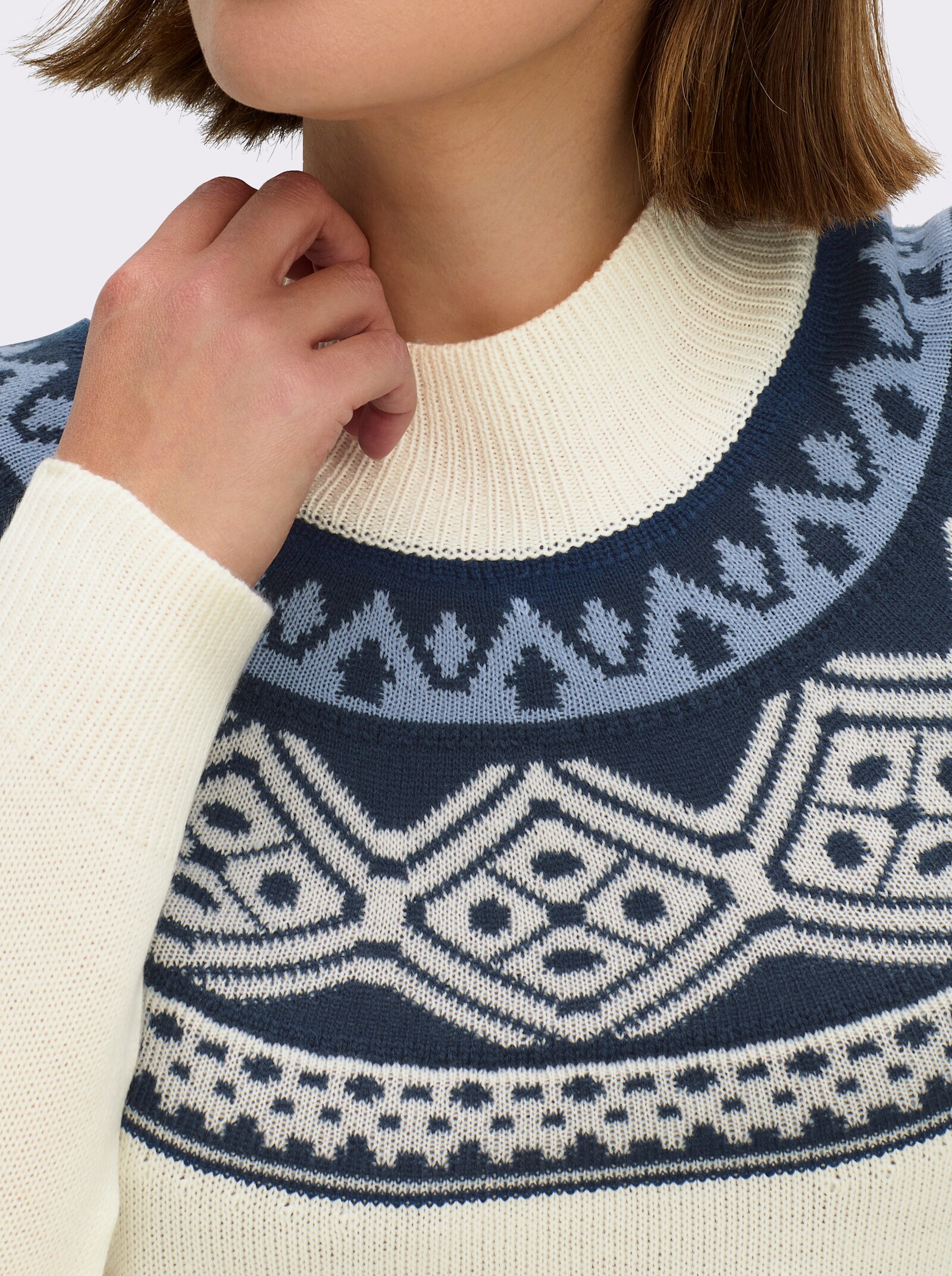 Longpullover mit Norwegermuster - ecru-dunkelblau