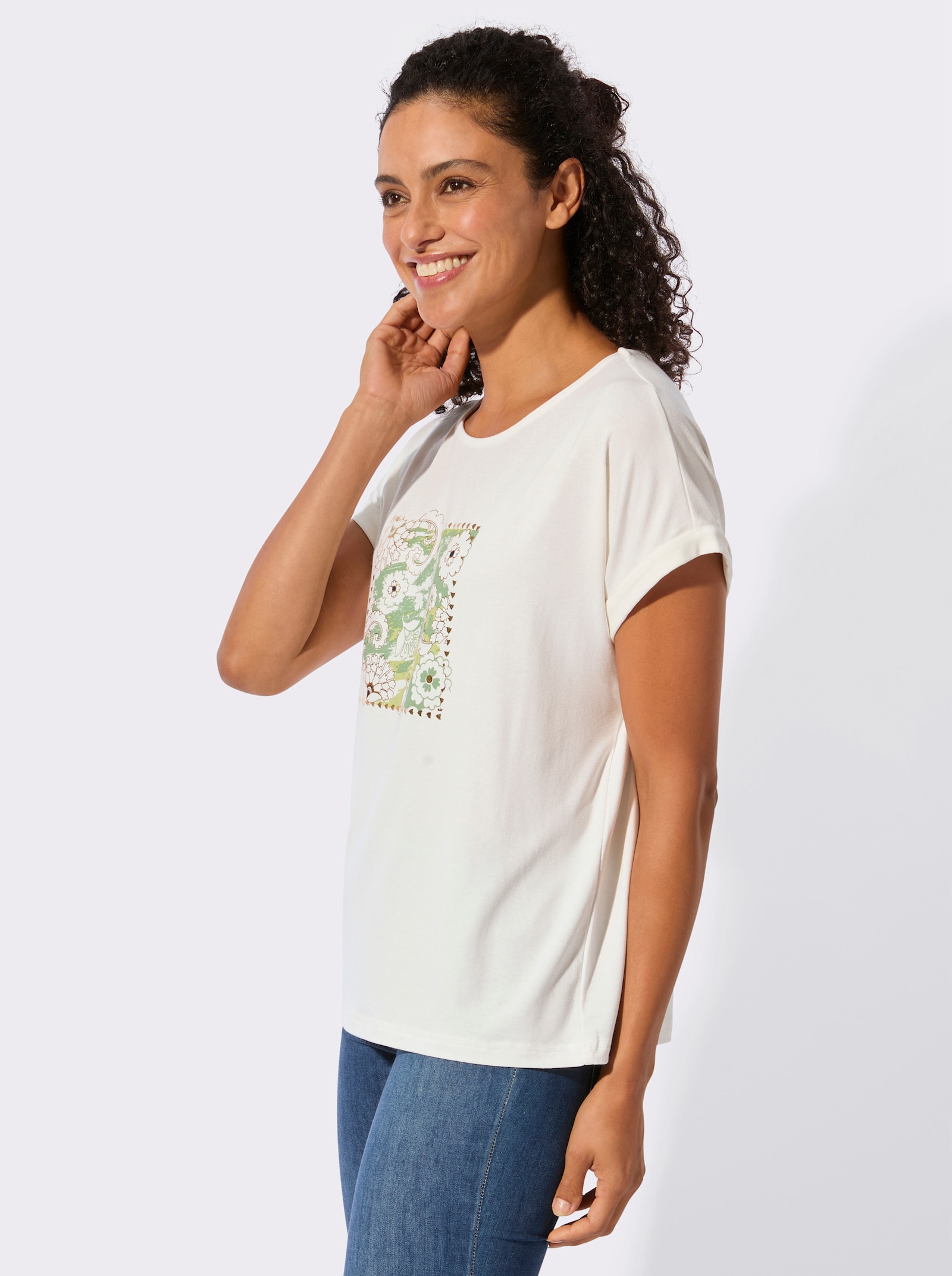 Rundhalsshirt mit Glanz-Akzenten - ecru-eucalyptus-bedruckt