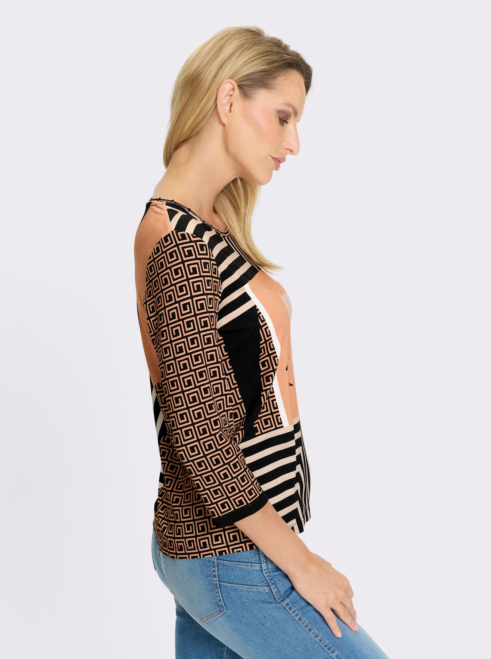 heine 3/4-Arm-Shirt in Patch-Optik - camel-schwarz-bedruckt