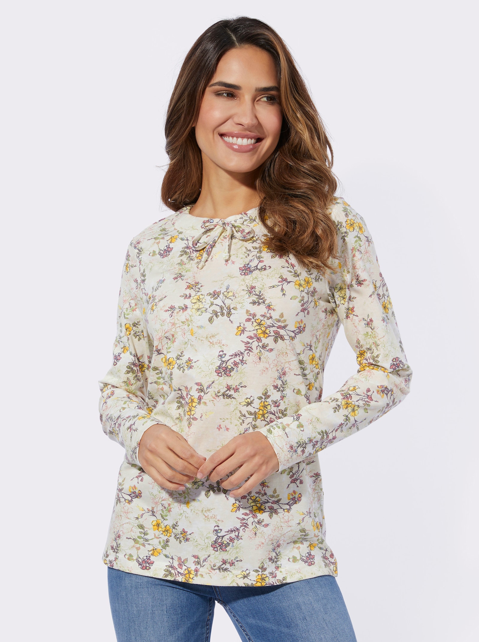 Shirt met lange mouwen en bindstrikje bij de hals - champagne geprint