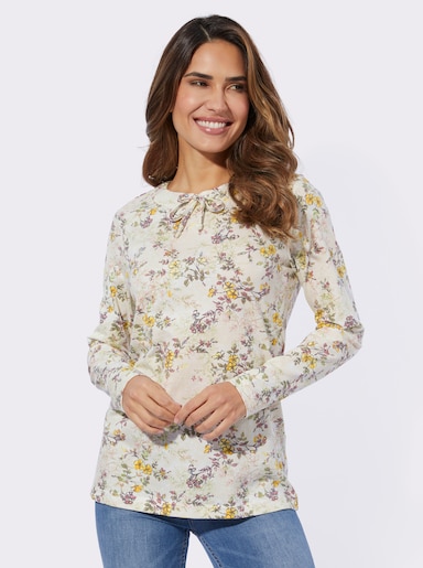 Langarmshirt mit Bindeband am Ausschnitt - champagner-bedruckt