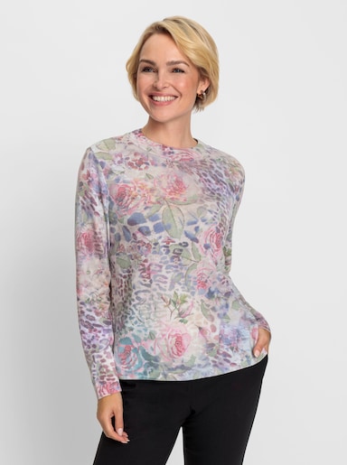 Feinstrickpullover im floralen Dessin - ecru-hortensie-bedruckt