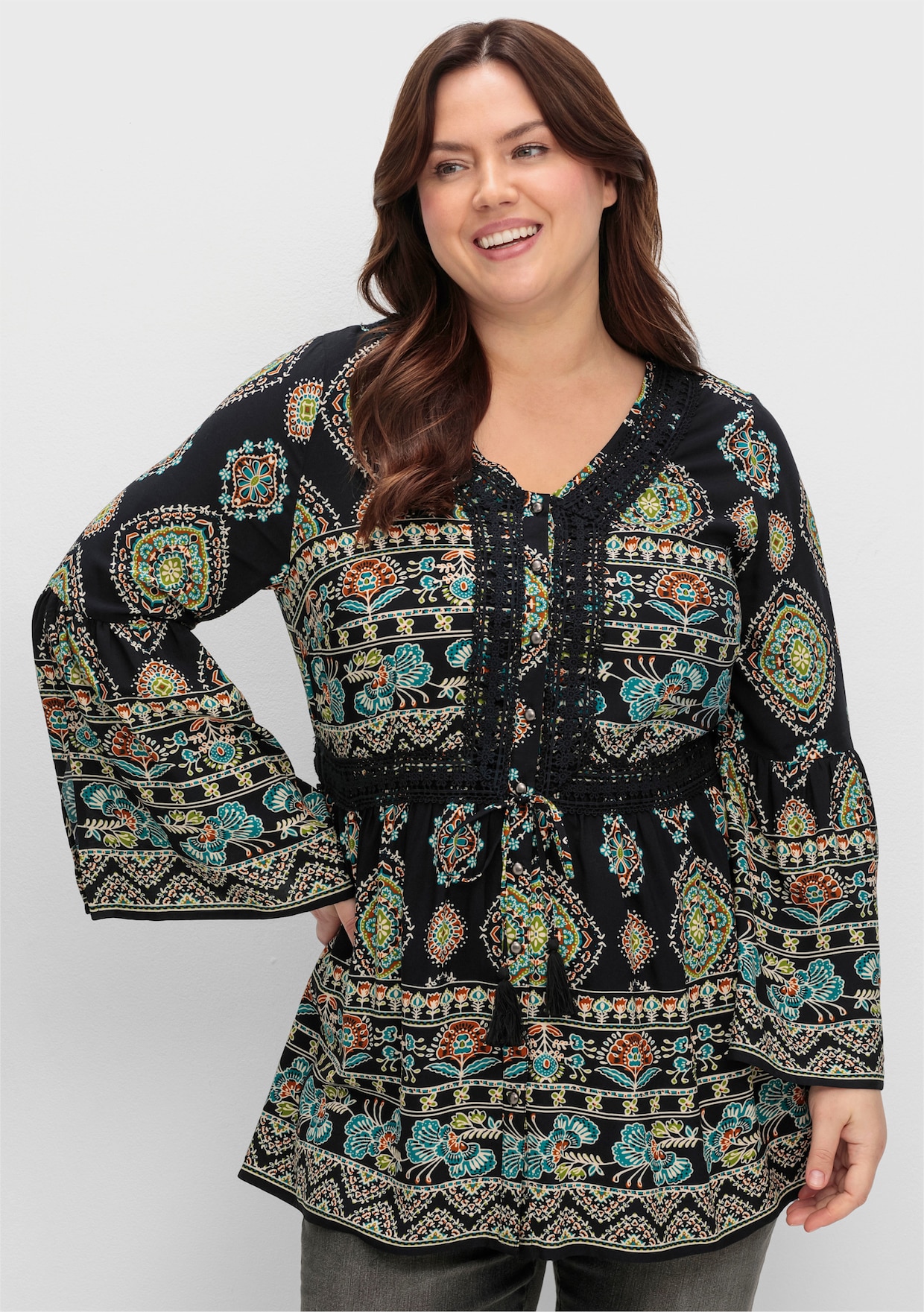 sheego Longline blouse - zwart gedessineerd