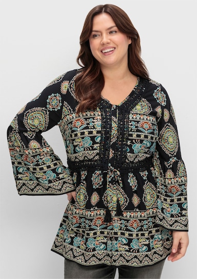 sheego by Joe Browns Longbluse mit Trompetenärmeln - schwarz-gemustert