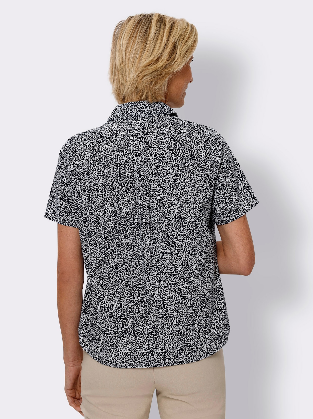 Kurzarm-Bluse - marine-weiß-bedruckt