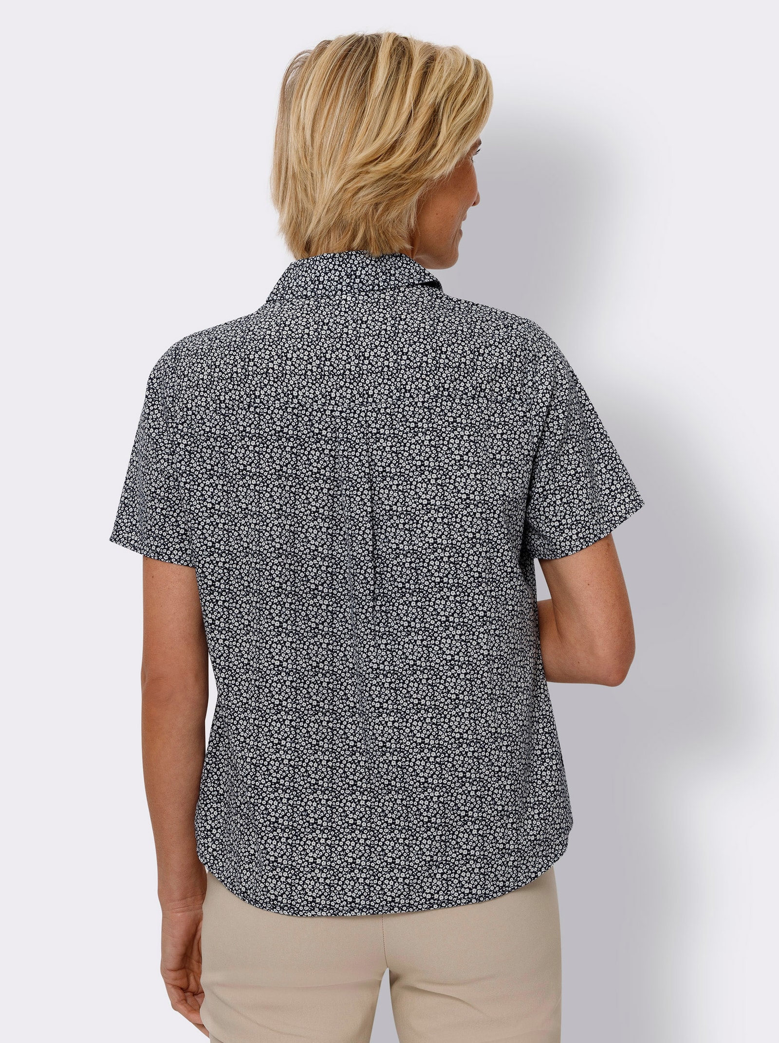 Halenka s krátkým rukávem a květinovým vzorem - námořnická modrá-bílá-potisk