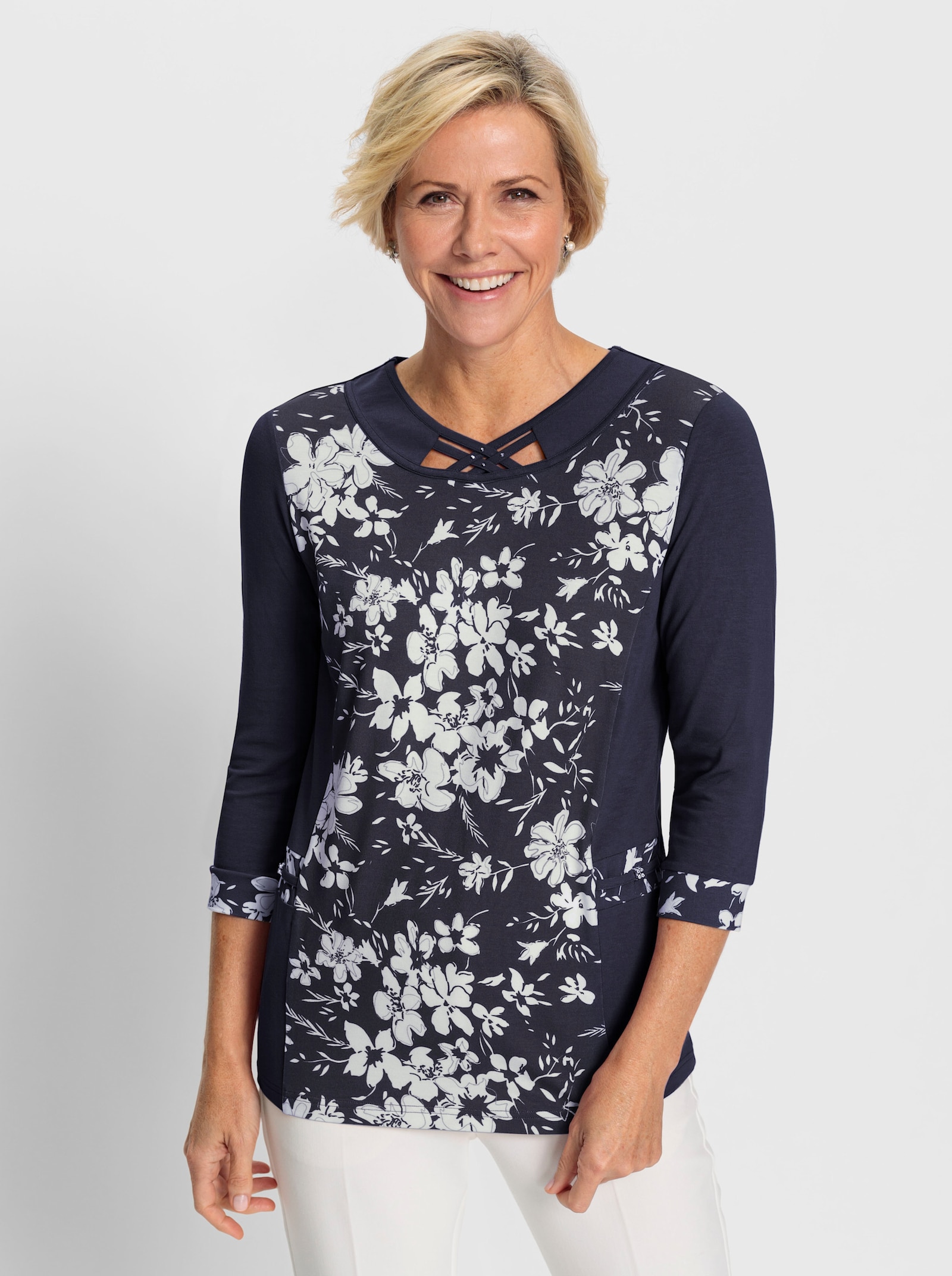 2-in-1-Shirt mit Bändchenverzierung - marine