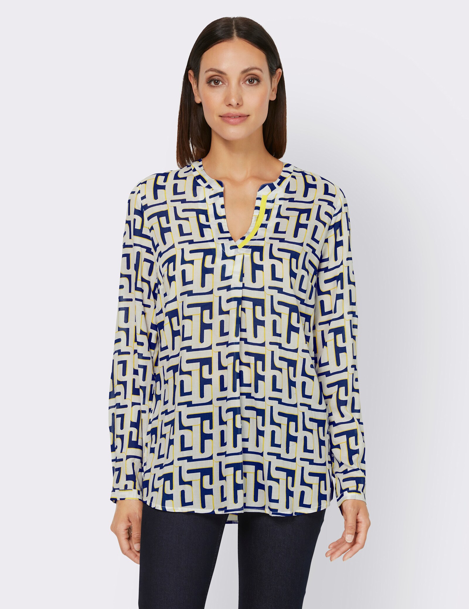 heine Druckbluse mit Knopfmanschetten - weiß-royalblau-bedruckt