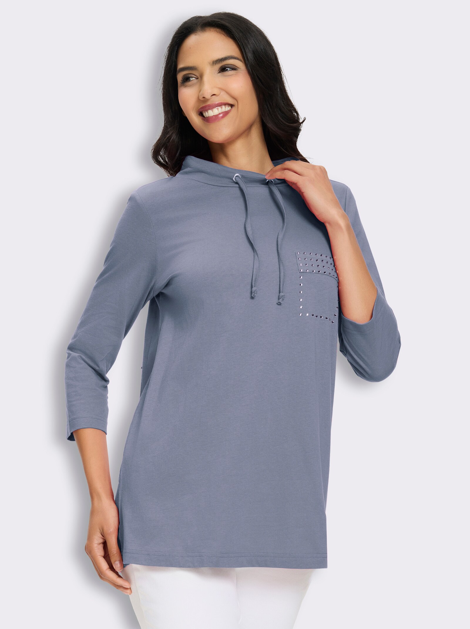 Longshirt mit Glitzersteinchen - taubenblau