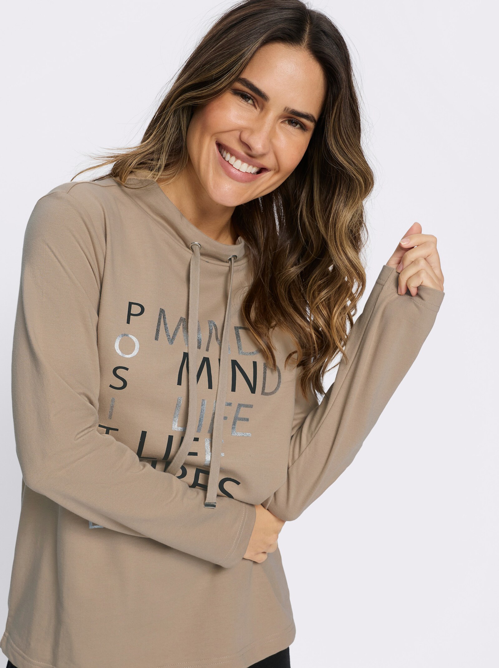 Sweatshirt mit Foliendruck - beige-schwarz-bedruckt