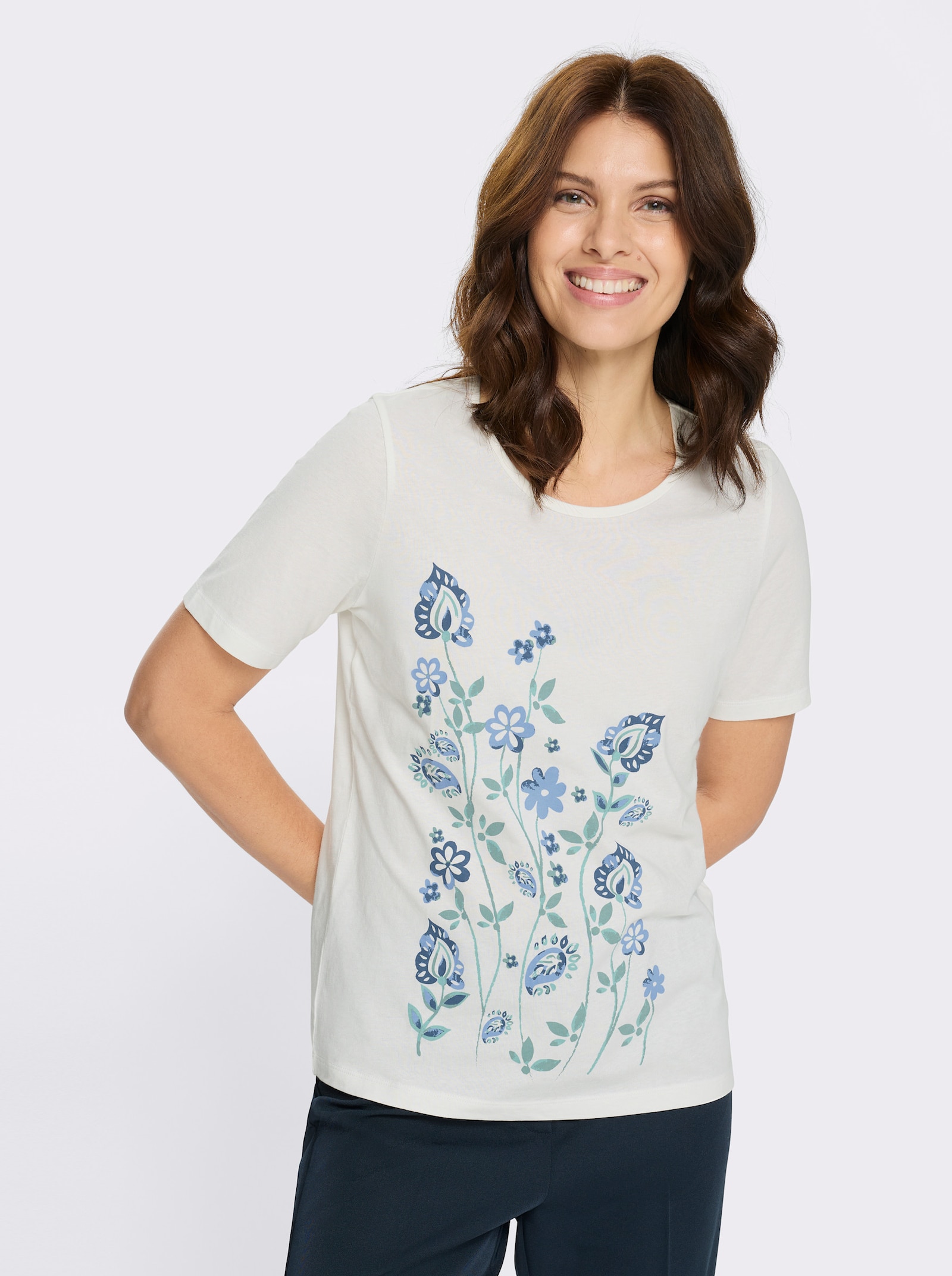 Kurzarmshirt mit Blumenmotiv - ecru-himmelblau-bedruckt