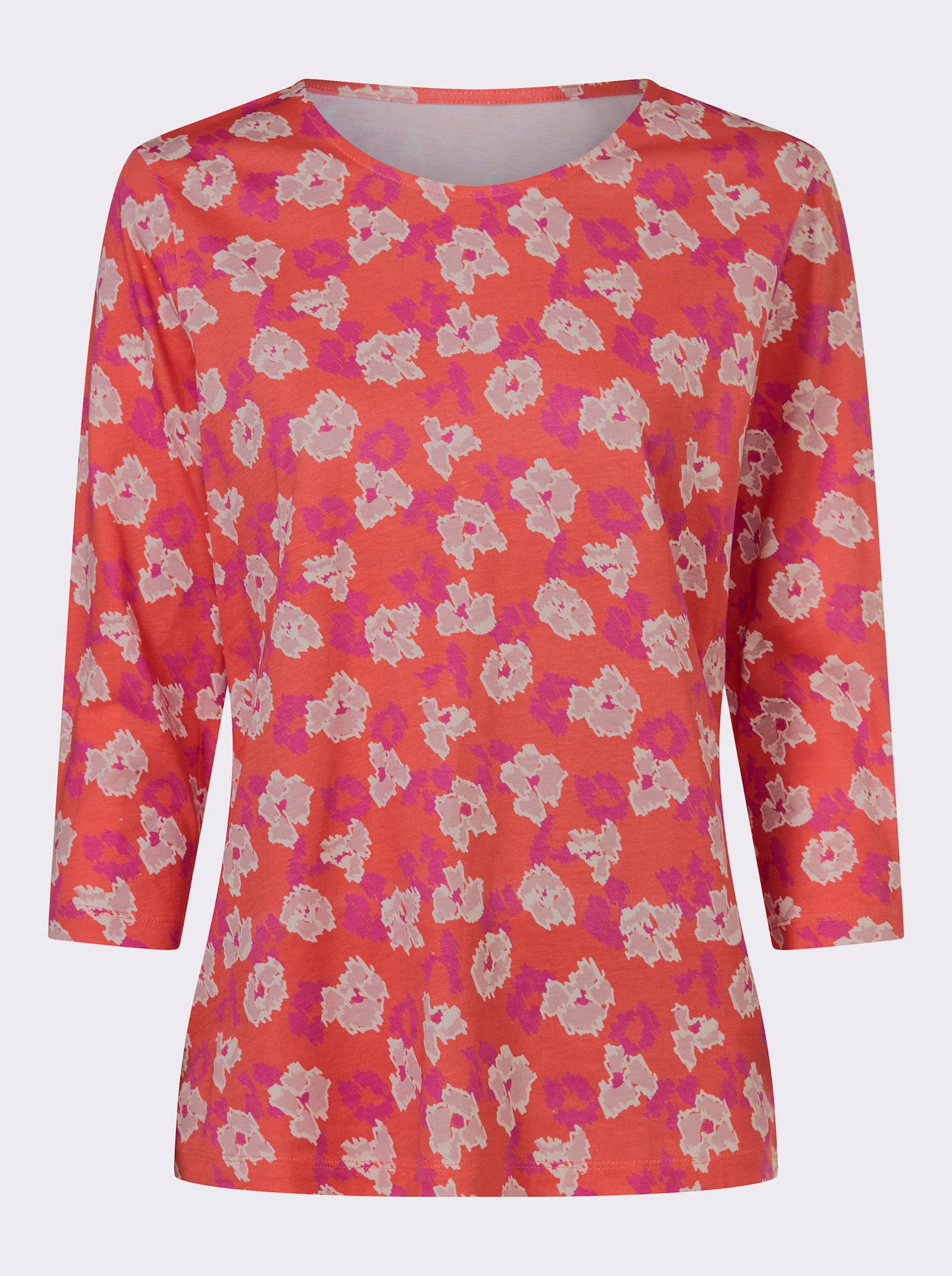 Topp med 3/4-ärm och heltäckande tryck, bomull - grapefrukt-hortensia-med tryck