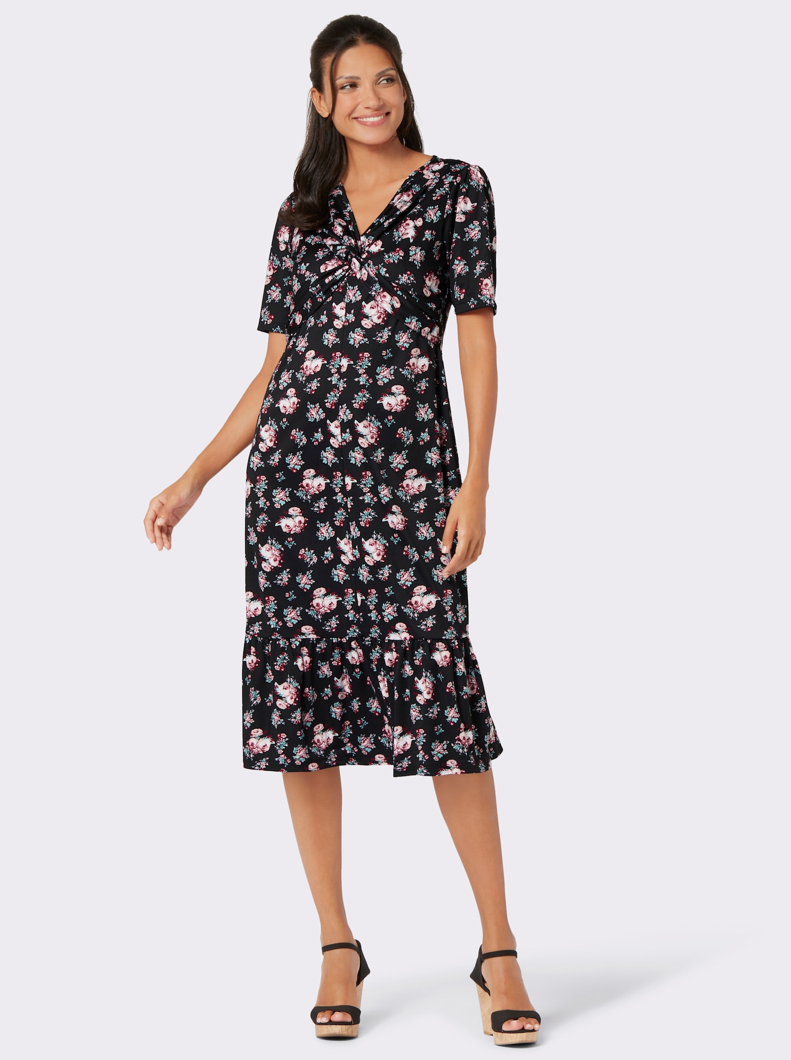 Shirtkleid mit Volant am Saum - schwarz-hortensie-gemustert