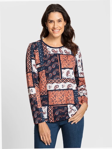 Langarmshirt im Patchwork-Dessin - rostrot-bedruckt