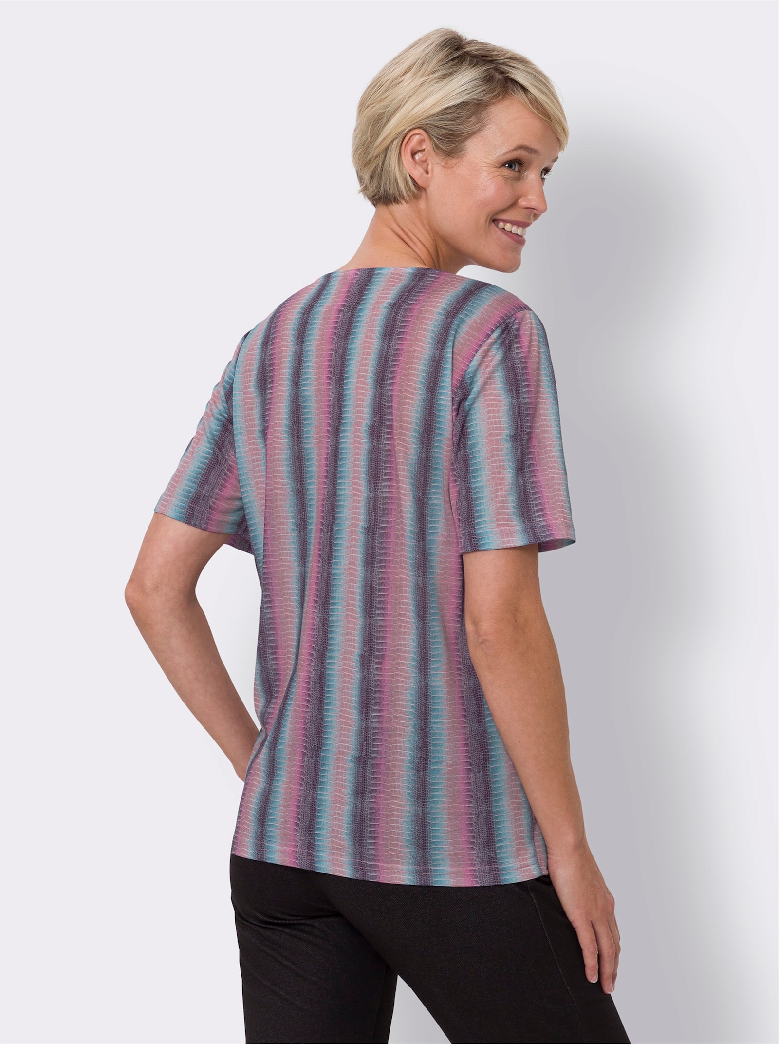 Tričko s krátkým rukávem s podélnými proužky - tyrkysová-růženínová-potisk