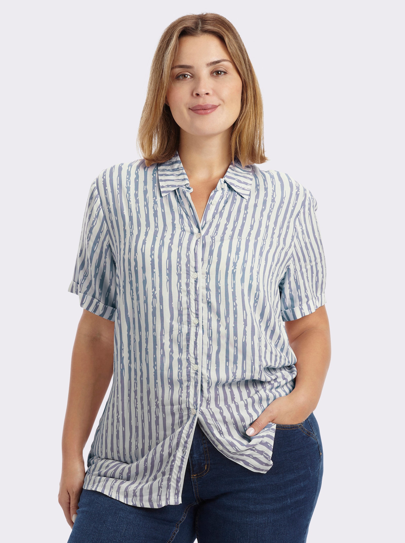 Gestreifte Bluse mit kurzen Ärmeln - taubenblau-ecru-gestreift