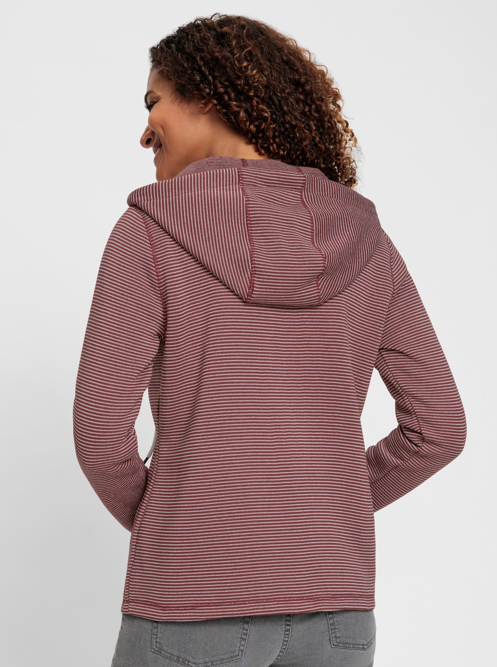 Fleecejacke mit Nahttaschen - rotbraun-ecru-geringelt