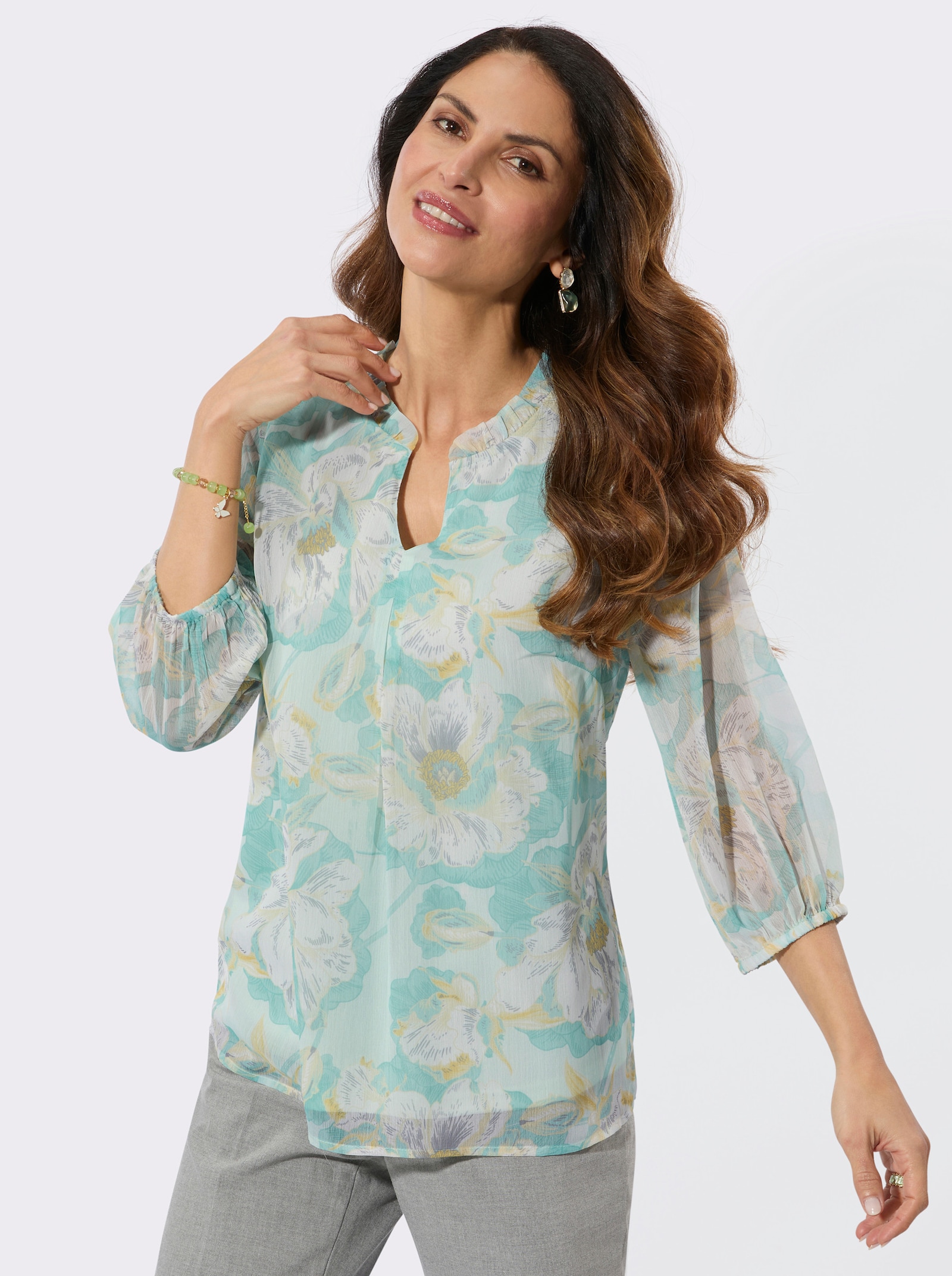 Druckbluse mit Rüschen - zartmint-salbei-bedruckt