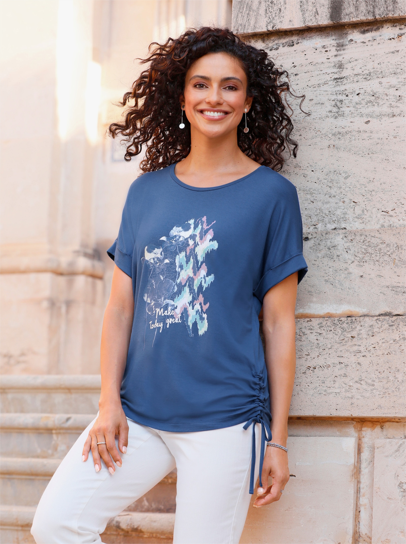 Shirt met korte mouwen, met rimpeling opzij - jeansblauw