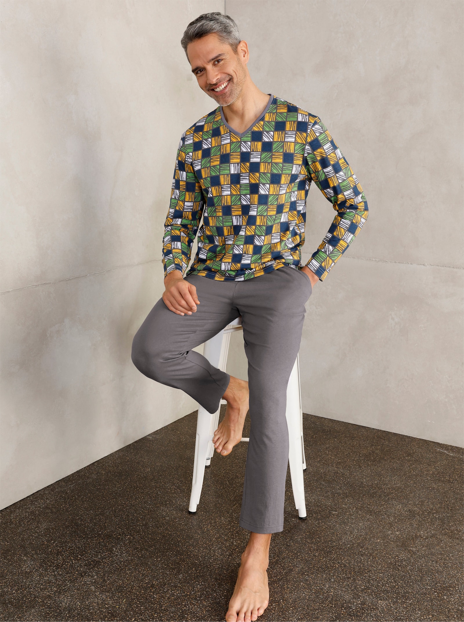 wäschepur men Schlafanzüge - anthrazit + anthrazit-ocker-bedruckt