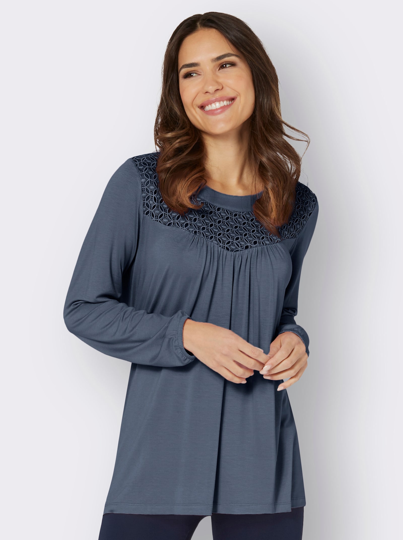 Langarmshirt mit Spitzeneinsatz - rauchblau