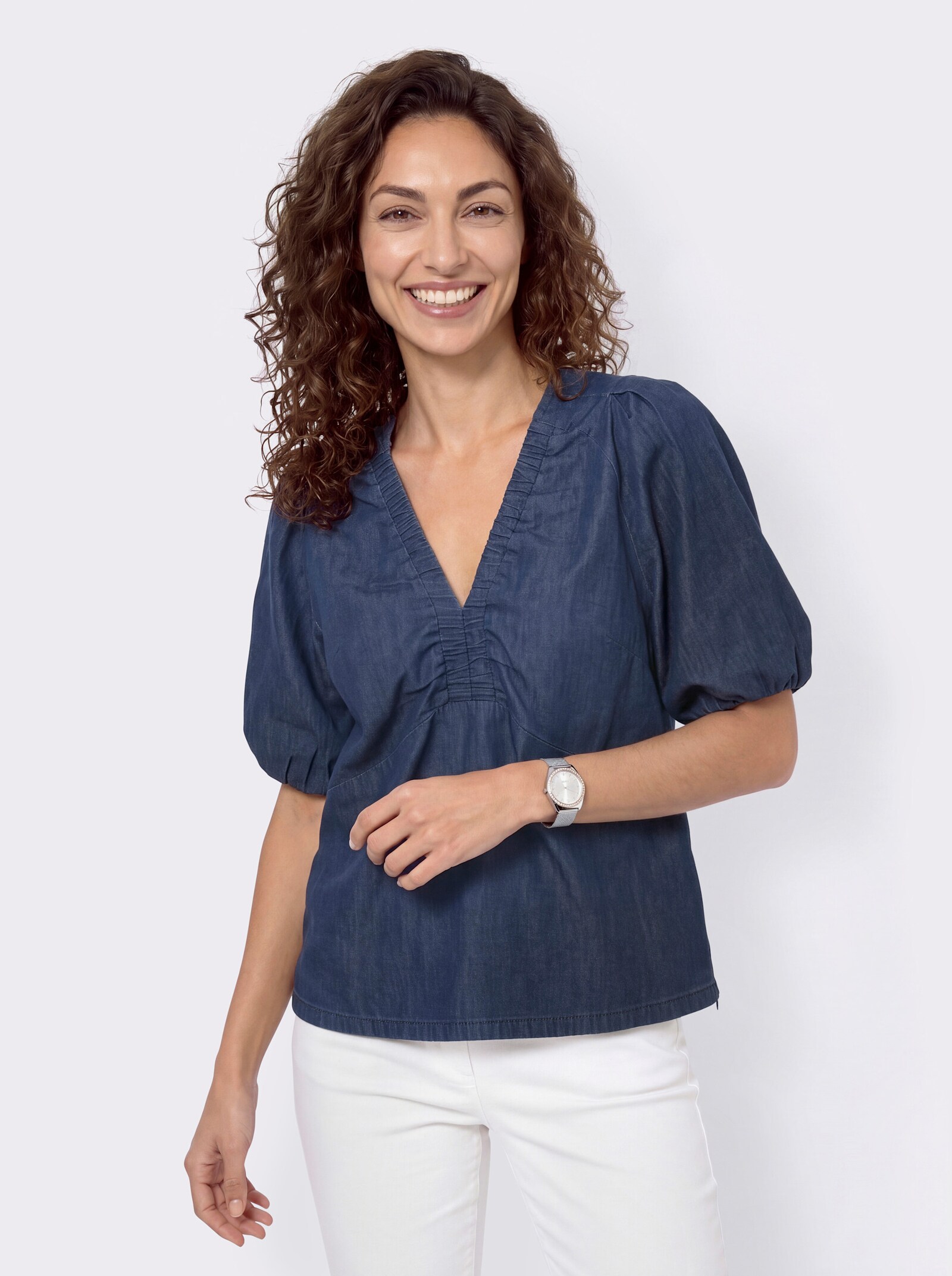 Jeansbluse mit kurzen Raglan-Ärmeln - darkblue-stone-washed