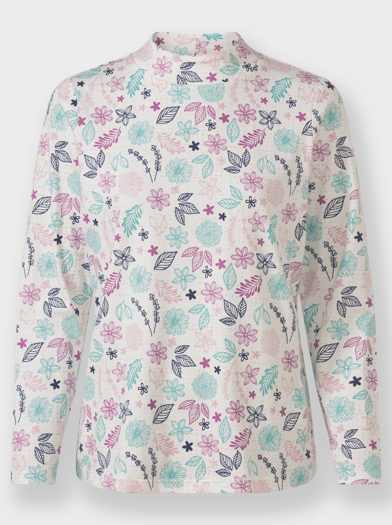 Stehkragenshirt Mit Blümchen-Dessin - ecru-mauve-bedruckt