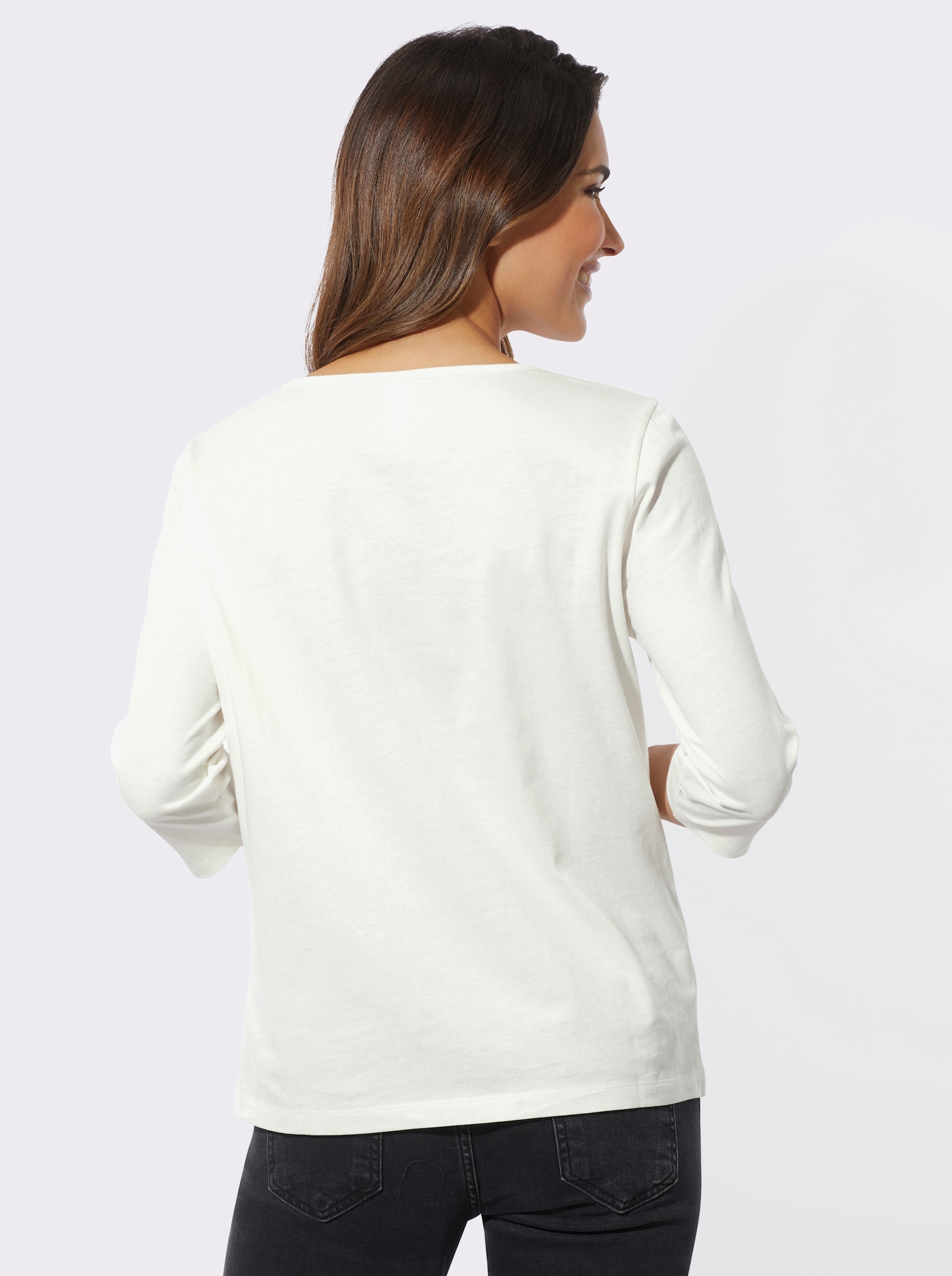 Shirt met ronde hals, pied-de-poule en folieprint - ecru