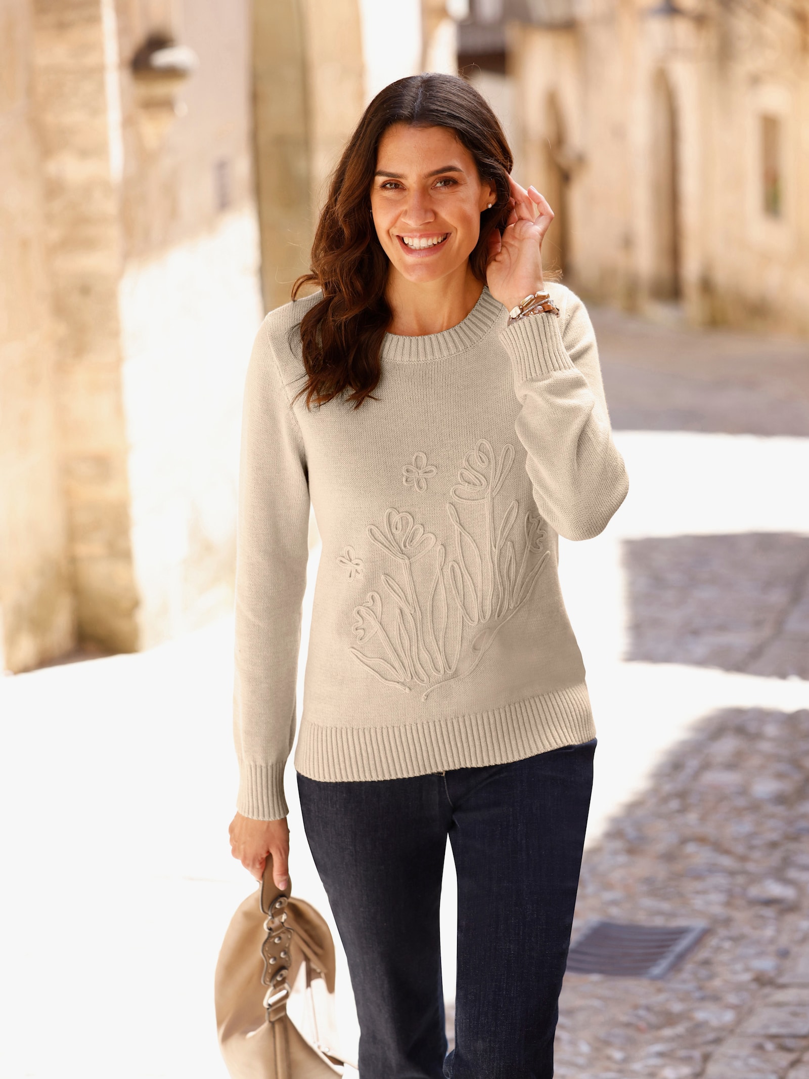 Baumwollpullover mit floraler Kordelstickerei - sand-meliert