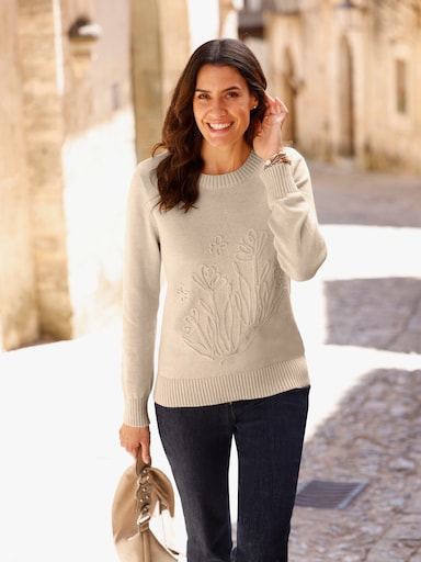 Baumwollpullover mit floraler Kordelstickerei - sand-meliert