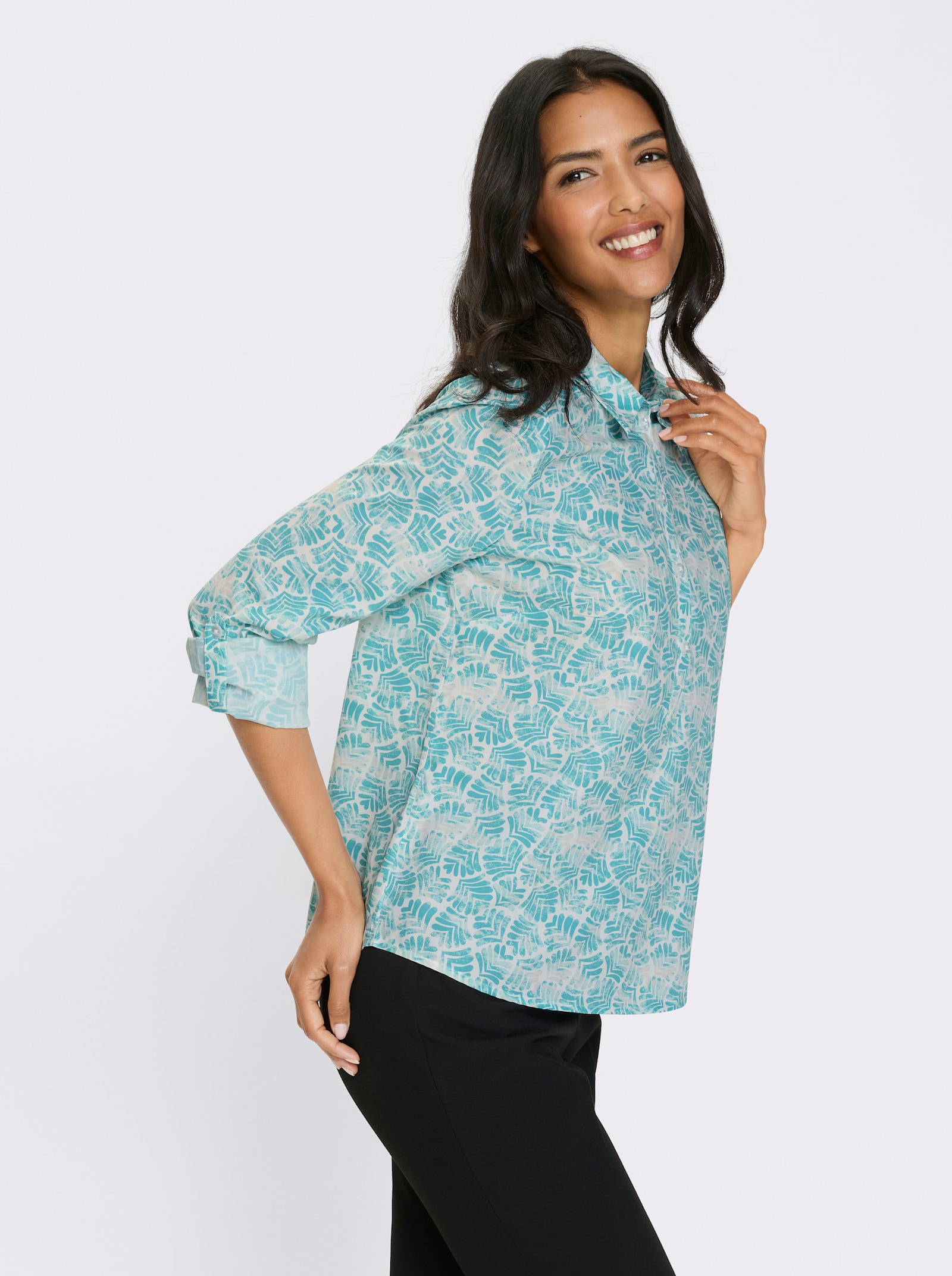 Langarm-Bluse in Schlupfform - mint-weiss-bedruckt