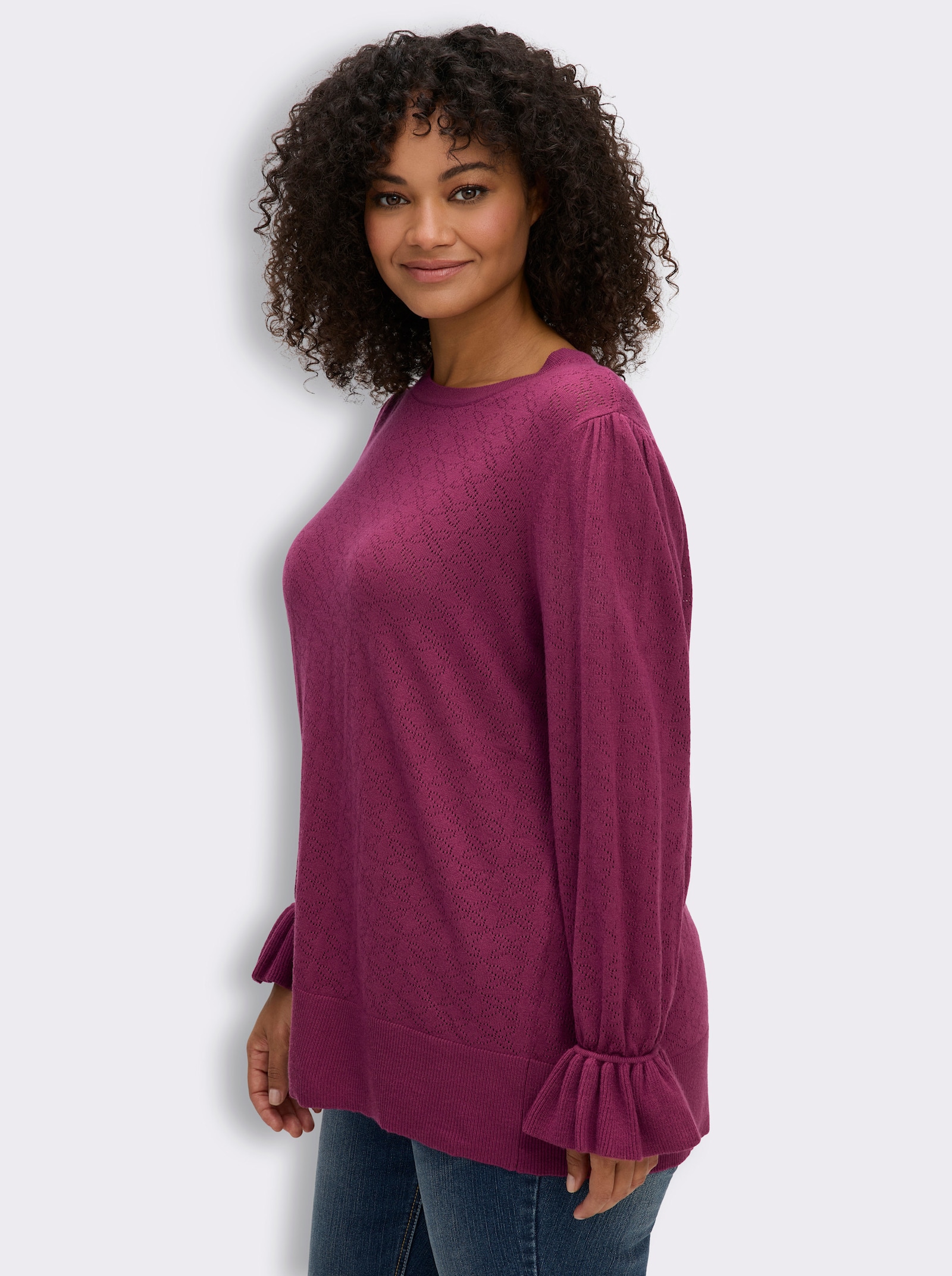 sheego Ajourpullover mit Volantärmeln - malve