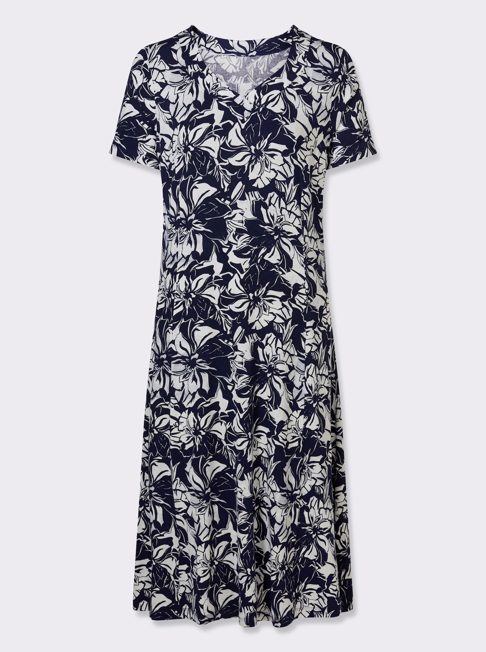 Jerseykleid mit ausgestelltem Rockteil - marine-ecru-bedruckt