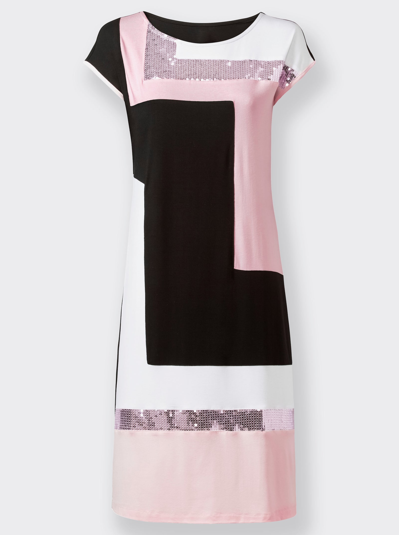 Jerseykleid mit Pailletten-Verzierung - schwarz-hellrosé-gemustert