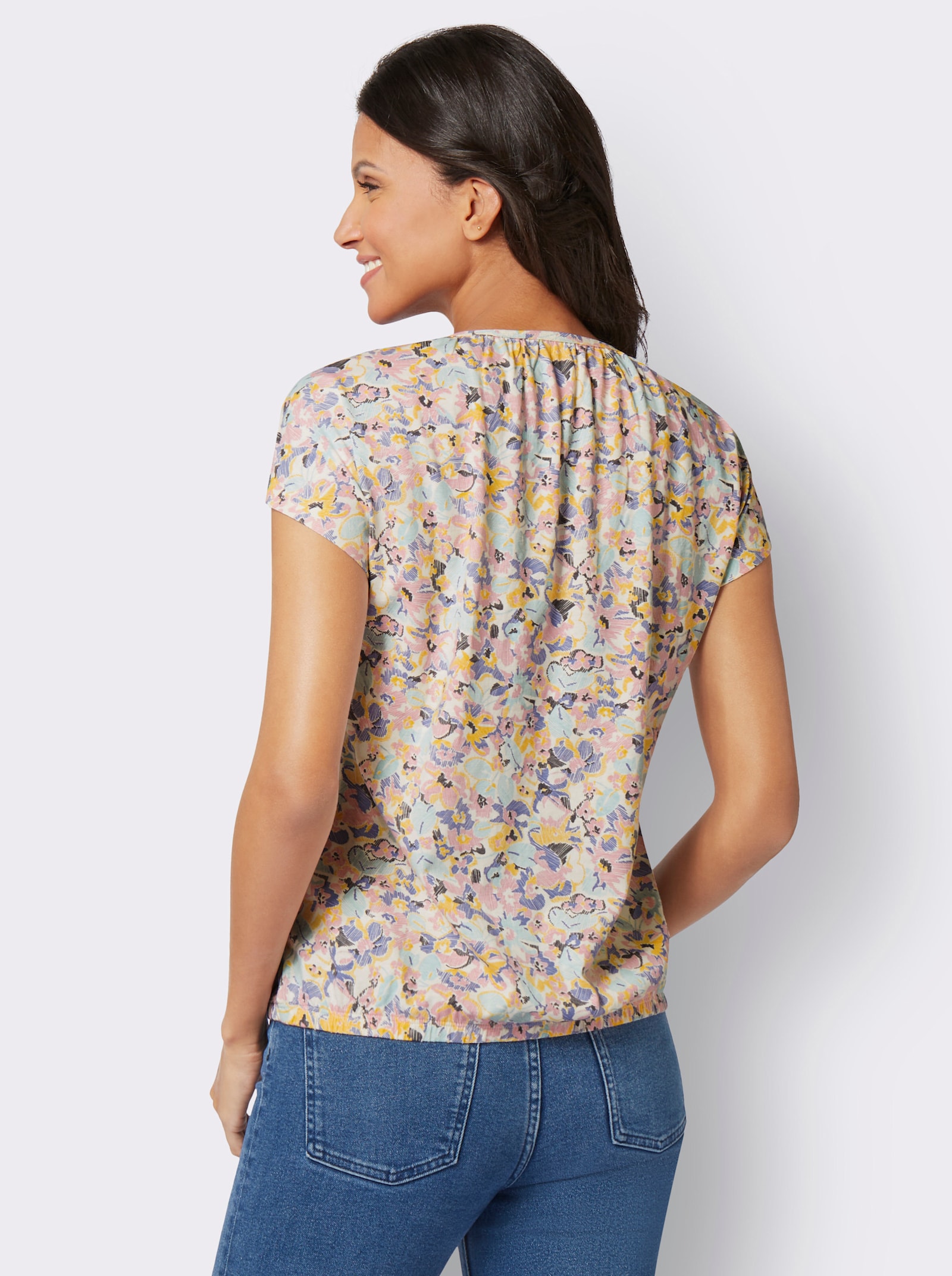 Tričko s krátkým rukávem a elastickým dolním lemem - šampaňská-růženínová-potisk